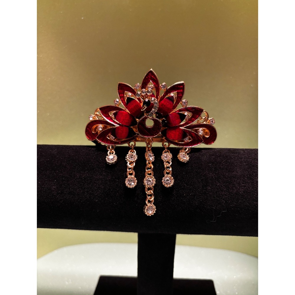 Vintage Style Red‎ Enamel Peacock Hair Barrette Gold Tone Rhinestone Dangle Clip